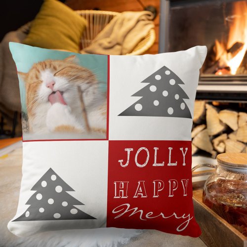 Cute Cat Pet Typography Christmas Tree Photo Throw Pillow