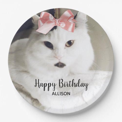 Cute Cat Photo Birthday White Pink Personalized Paper Plates