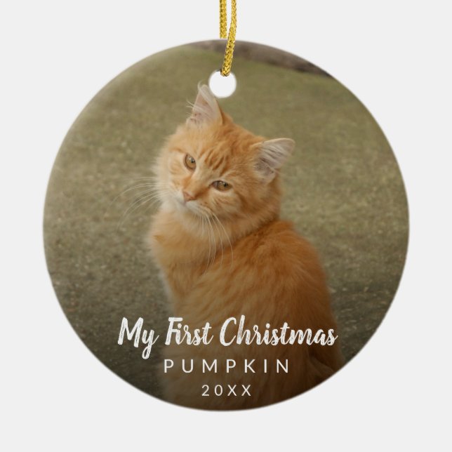 Cute Cat Photo My First Christmas Chalk Script Ceramic Ornament (Front)