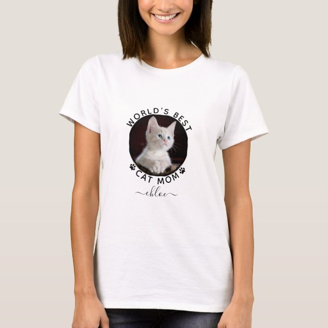 Cute Cat Photo Name Black Paw Prints Personalized T-Shirt (Front)