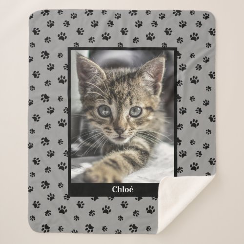 Cute Cat Photo Name Black Paw Prints Silver Gray Sherpa Blanket