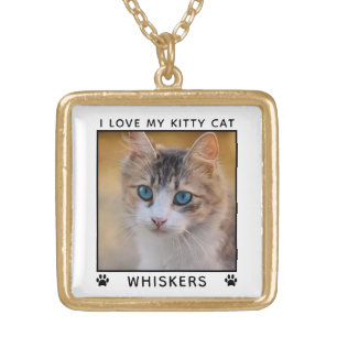 Cute Cat Photo Name Paw Prints Personalized Gold Plated Necklace