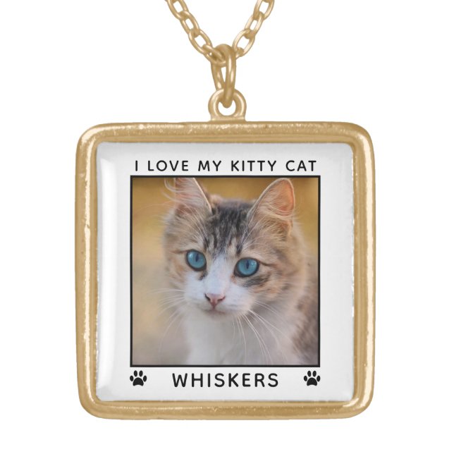 Cute Cat Photo Name Paw Prints Personalized Gold Plated Necklace (Front)