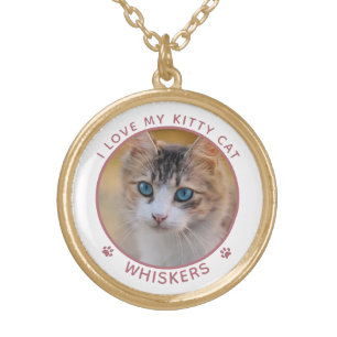 Cute Cat Photo Name Paw Prints Personalized Gold Plated Necklace