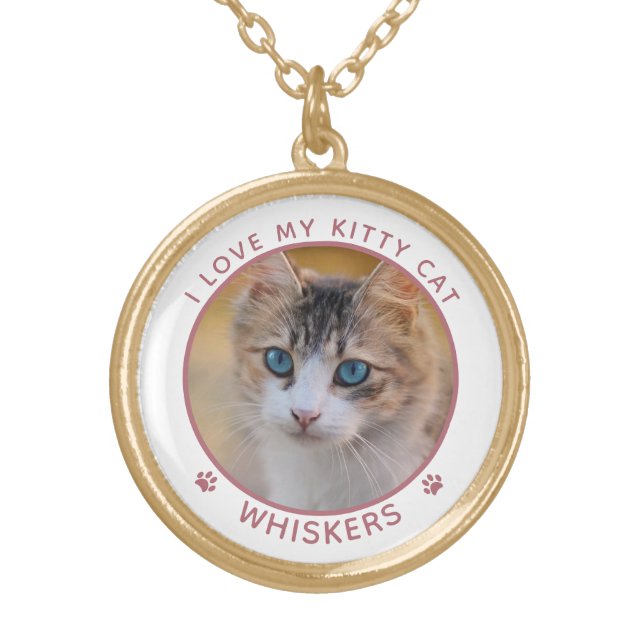 Cute Cat Photo Name Paw Prints Personalized Gold Plated Necklace (Front)