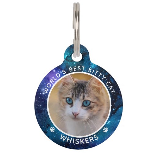 Cute Cat Photo Name Paw Prints Space Custom Pet ID Tag