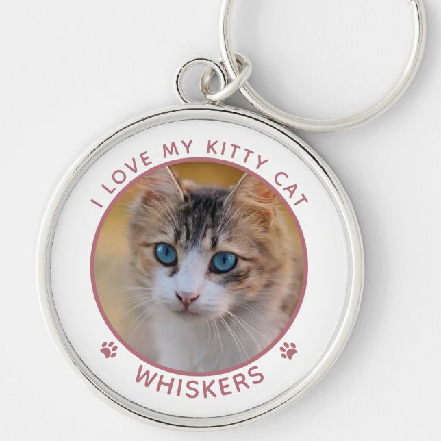Cute Cat Photo Name Pink Paw Prints Personalized Keychain (Front)