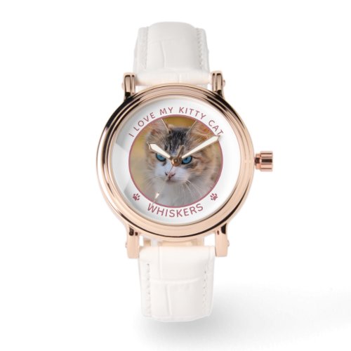 Cute Cat Photo Name Pink Paw Prints Personalized Watch