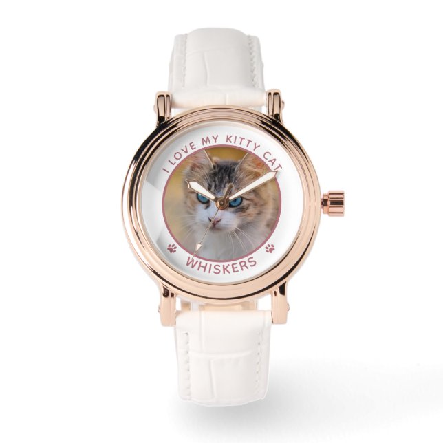 Cute Cat Photo Name Pink Paw Prints Personalized Watch (Front)