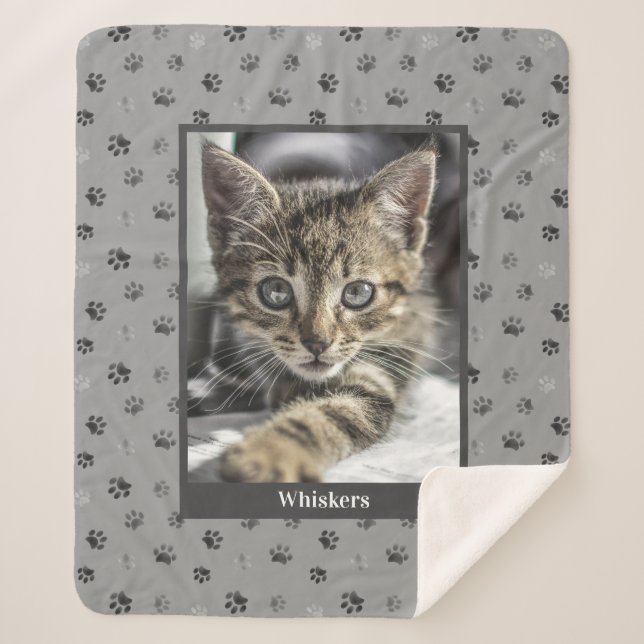 Cute Cat Photo Name Silver Gray Paw Prints Sherpa Blanket (Front)