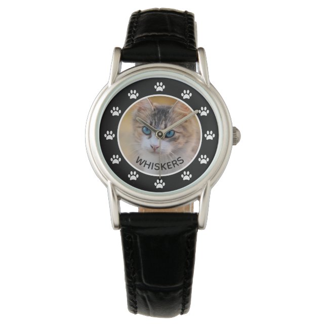 Cute Cat Photo Pet Name Paw Prints Custom Watch (Front)