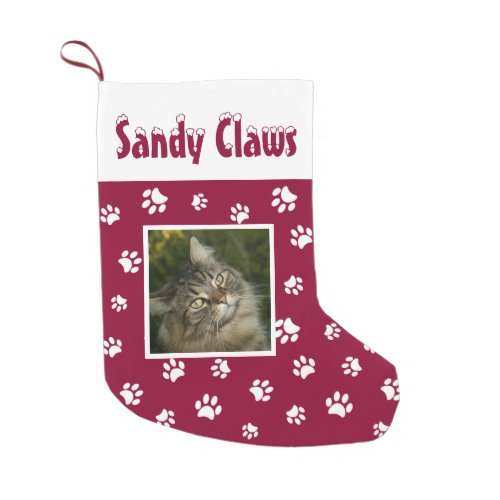 Cute Cat Photo Snow Covered Name Red White Paws Small Christmas Stocking