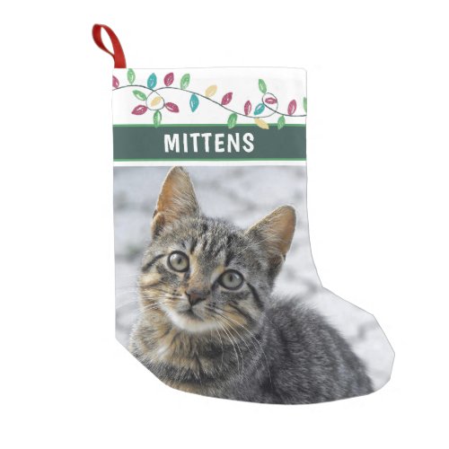 Cute Cat Photo Watercolor Holiday Lights Green Small Christmas Stocking