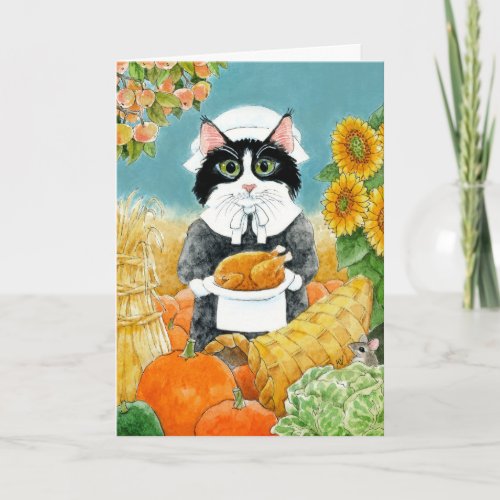 Cute cat Pilgrim Thanksgiving turkey Card