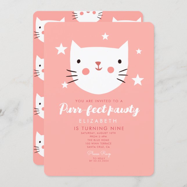 Cute Cat Pink Birthday Party  Invitation (Front/Back)
