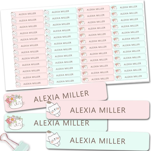 Cute Cat Pink Blue Girl School Name Labels (Cute Cat Pink Blue Girl School Name Labels)