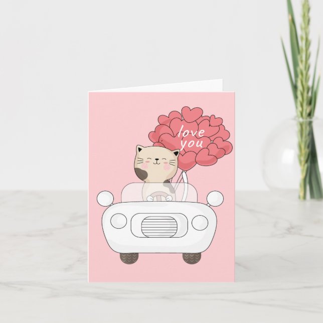 Cute Cat Pink Car I Love You Balloons Card (Front)