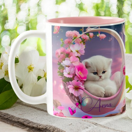 Cute Cat Pink Floral Crescent Moon Personalized Two_Tone Coffee Mug