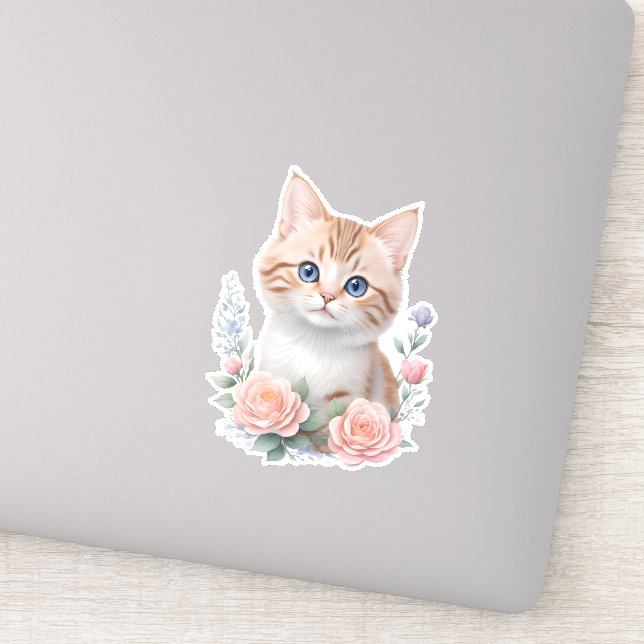 Cute Cat Pink Floral  Sticker (Detail)