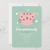 Cute Cat Pink Green Birthday Party  Invitation
