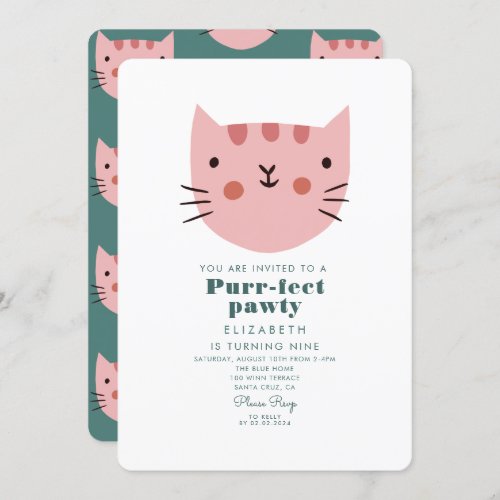 Cute Cat Pink Green Birthday Party  Invitation