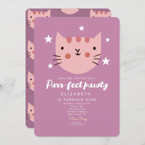 Cute Cat Pink Green Birthday Party  Invitation