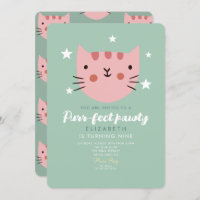 Cute Cat Pink Green Birthday Party Invitation