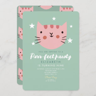 Cute Cat Pink Green Birthday Party Invitation