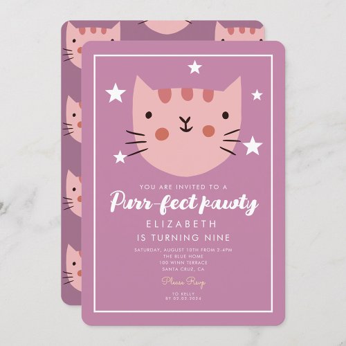 Cute Cat Pink Green Birthday Party  Invitation