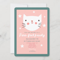 Cute Cat Pink Green Purple Stars Birthday  Invitation