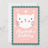 Cute Cat Pink Green Purple Stars Birthday  Invitation