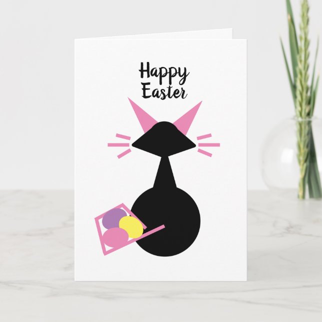 Cute Cat Pink Kitty Eggs Black Cat Happy Easter Holiday Card (Front)