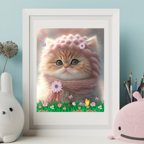 Cute Cat Pink Knit Har Scarf Floral Garden Art  Poster