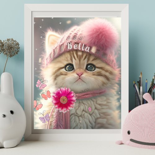 Cute Cat Pink Knit Scarf Hat Floral Personalized  Poster