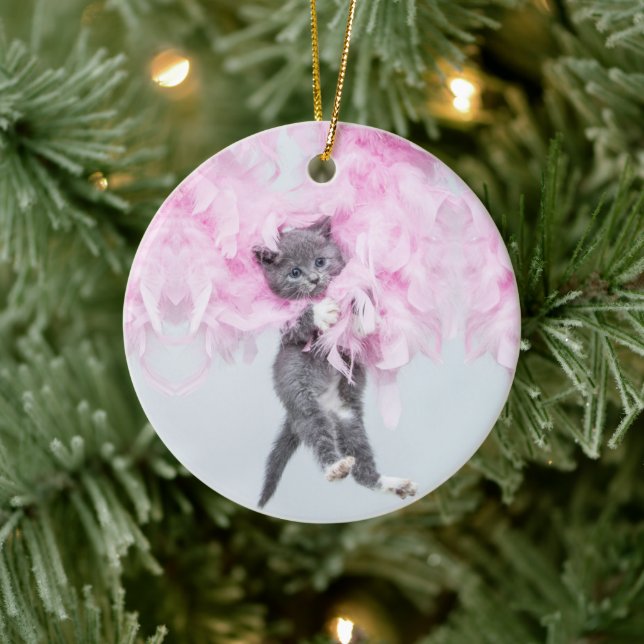 Cute Cat pink plume Ceramic Ornament (Tree)