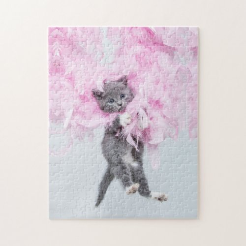 Cute Cat pink plume Jigsaw Puzzle