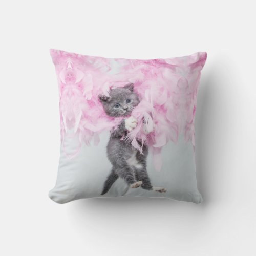 Cute Cat pink plume Throw Pillow