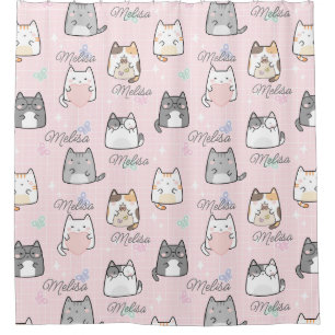 Cute Cat   Pink Repeating Name personalized girly Shower Curtain