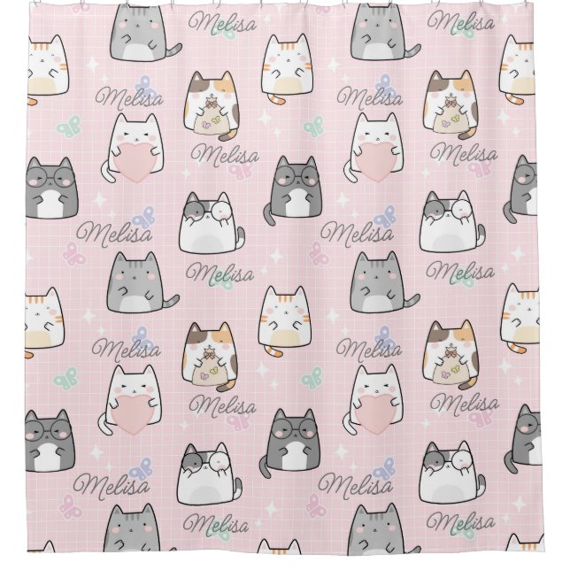 Cute Cat | Pink Repeating Name personalized girly Shower Curtain (Front)