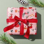 Cute Cat Pink Retro Christmas pattern Wrapping Paper<br><div class="desc">Cute retro vintage Christmas illustration with cats around the Christmas tree,  looking presents,  all-over print pattern on pink background. Original artwork by Caroline Bonne Müller</div>