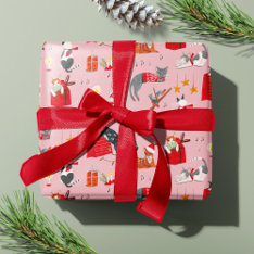 Cute Cat Pink Retro Christmas Pattern Wrapping Paper at Zazzle