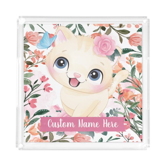 Cute Cat Pink Roses Blush Flowers Custom Name Acrylic Tray (Front)