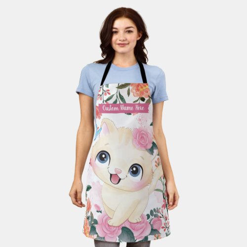 Cute Cat Pink Roses Blush Flowers Custom Name Apron