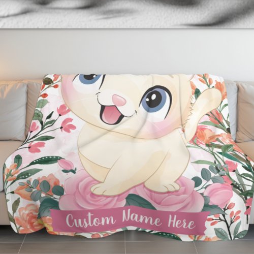 Cute Cat Pink Roses Blush Flowers Custom Name Fleece Blanket