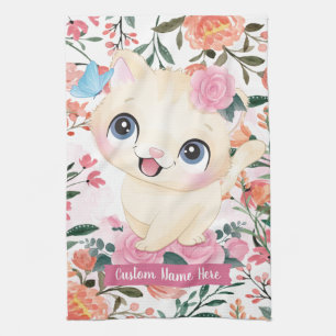 Cute Cat Pink Roses Blush Flowers Custom Name Kitchen Towel