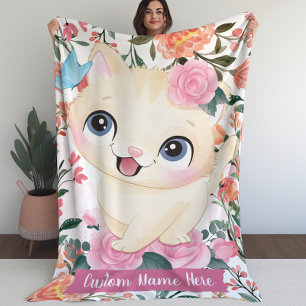 Cute Cat Pink Roses Blush Flowers Custom Name Sherpa Blanket