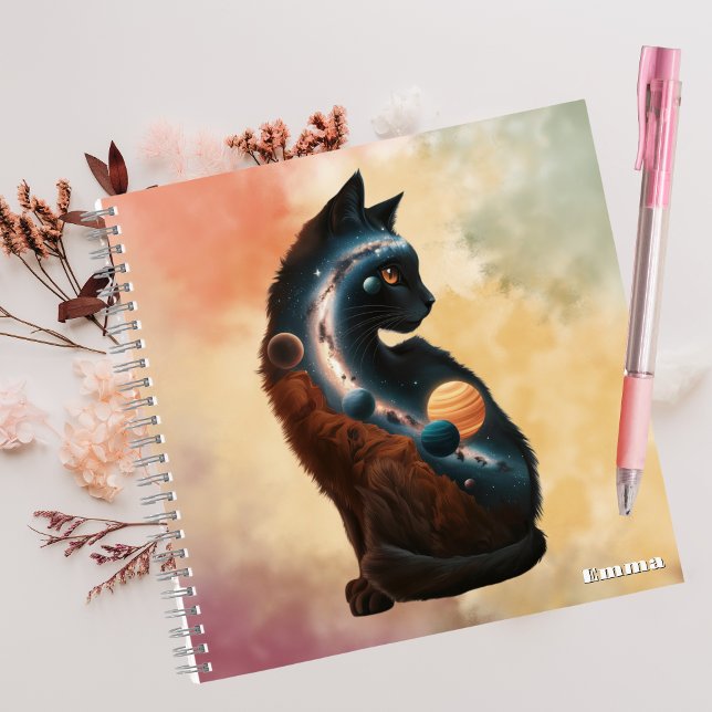 Cute Cat & Planets, Fun Animal, Watercolor, Custom Notebook (Creator Uploaded)