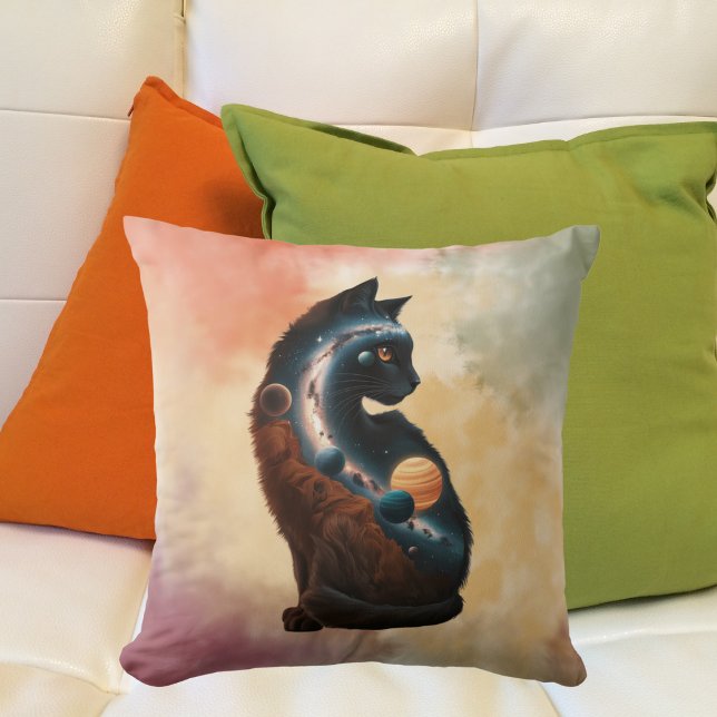 Cute Cat Planets & Stars, Fun Animal, Watercolor  Throw Pillow (Creator Uploaded)