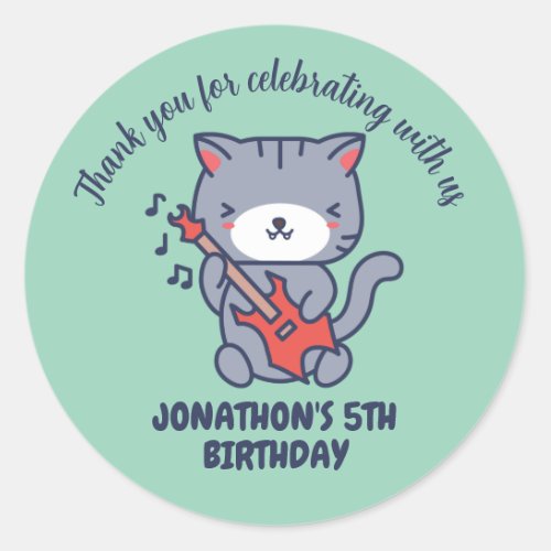 Cute Cat Play Guitar Kids Birthday Party Classic Round Sticker