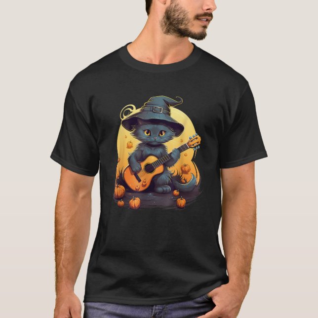 Cute Cat Playing Acoustic Guitar Jamming Musician  T-Shirt (Front)